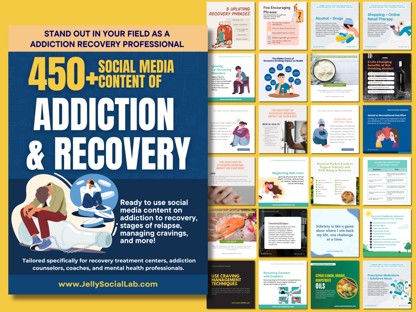 450+ Addiction Recovery Social Media Content Bundle Jelly Social Lab