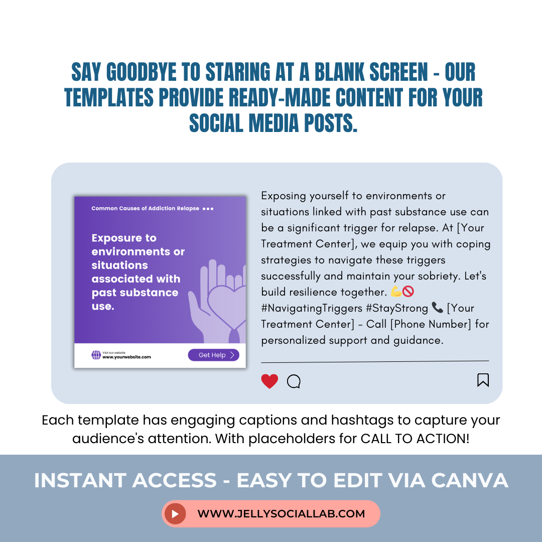 Sobriety Addiction Canva Template Pack Recovery Treatment Rehab Center & Mental Health Social Media Templates DFY Content Health Wellness Jelly Social Lab