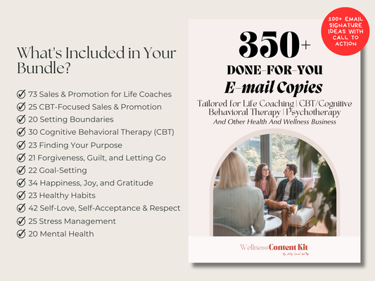 Ready-Made Email Content for Life Coach, CBT, Psychotherapy, Wellness Professionals Wellness Content Kit