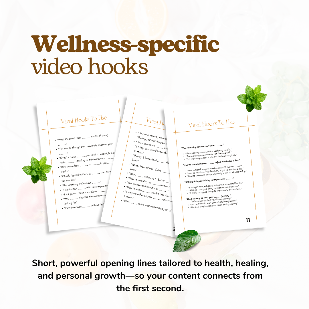 social media hooks for coaches, TikTok hooks for therapists, Reels ideas for health brands, how to get more views on Reels, grow your wellness business with video, content ideas for mental health professionals, health coach content creation, marketing toolkit for wellness entrepreneurs, attention-grabbing video intros, content prompts for holistic health creators