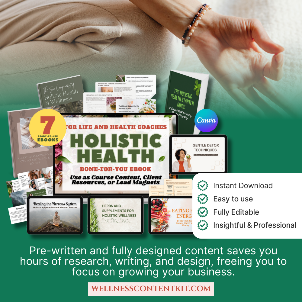 done-for-you health coach content, holistic health eBook template, editable Canva lead magnet, health coach lead magnet, coaching program resources, holistic wellness workbook, wellness coaching handout, self-care guide template, health and wellness digital product, nutrition coach freebies
