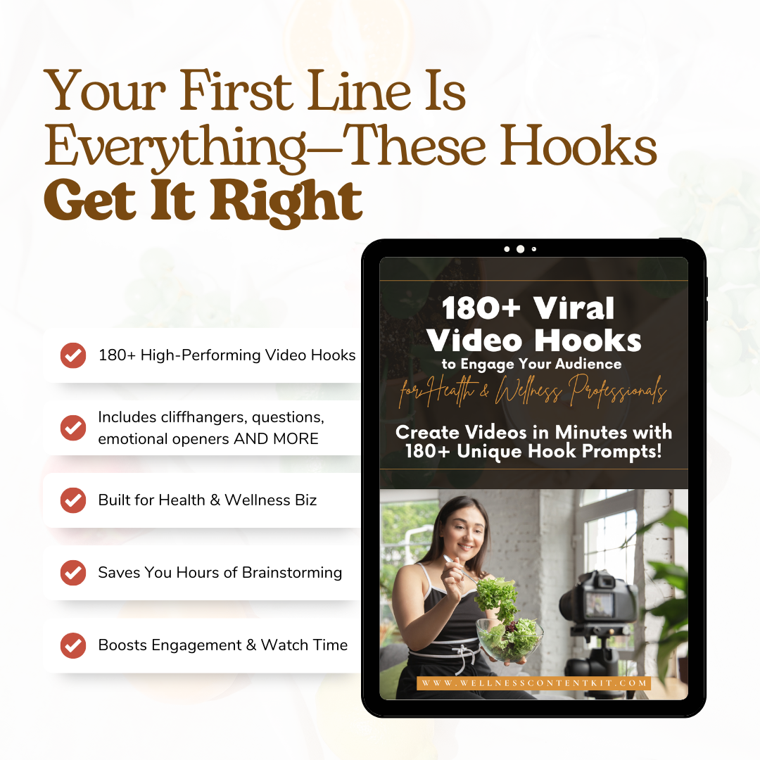 social media hooks for coaches, TikTok hooks for therapists, Reels ideas for health brands, how to get more views on Reels, grow your wellness business with video, content ideas for mental health professionals, health coach content creation, marketing toolkit for wellness entrepreneurs, attention-grabbing video intros, content prompts for holistic health creators