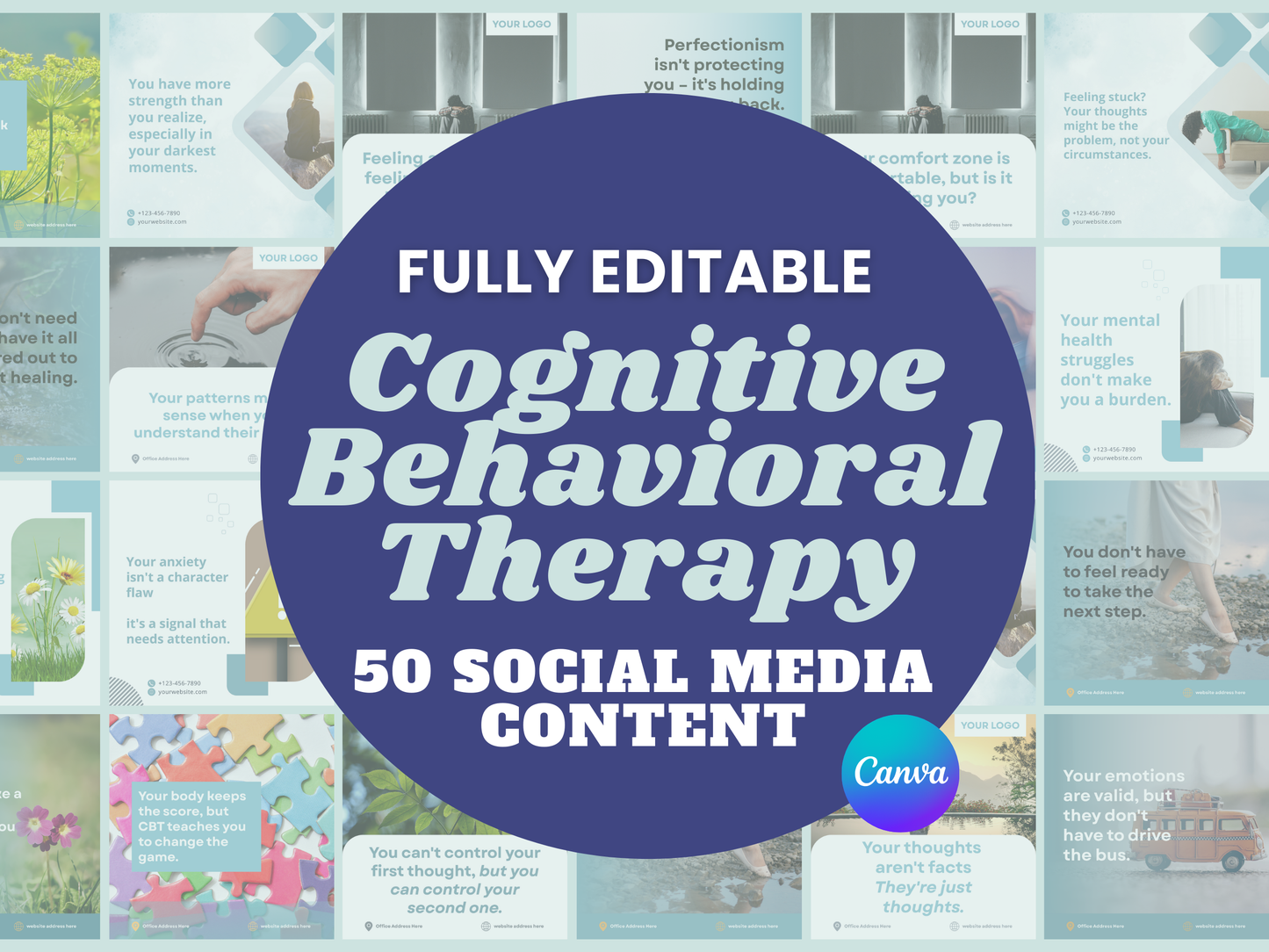 CBT Therapist Social Media Templates | 50 Mental Health Instagram Posts | Canva Templates for Psychologists | Therapy Practice Marketing