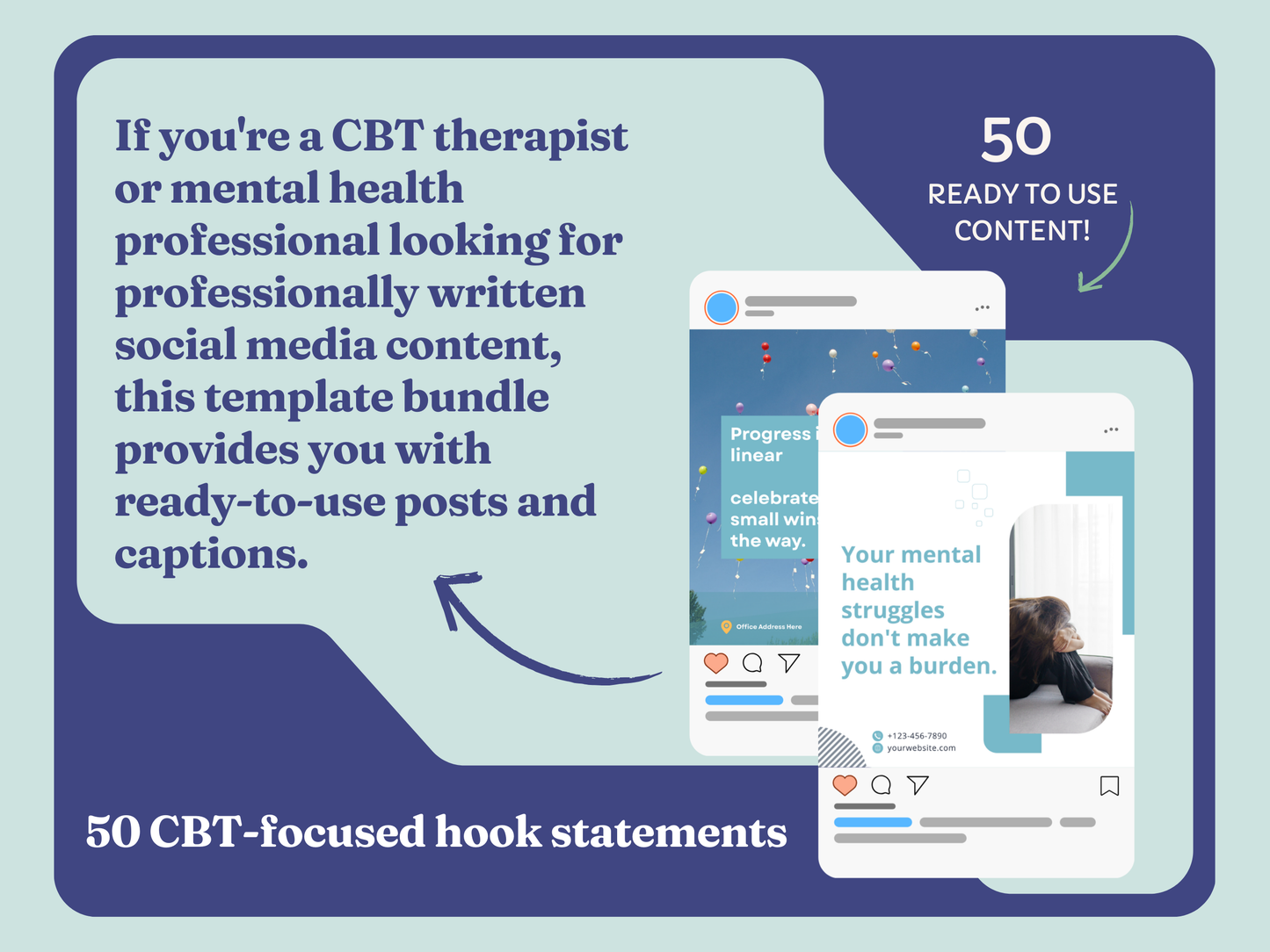 CBT Therapist Social Media Templates | 50 Mental Health Instagram Posts | Canva Templates for Psychologists | Therapy Practice Marketing