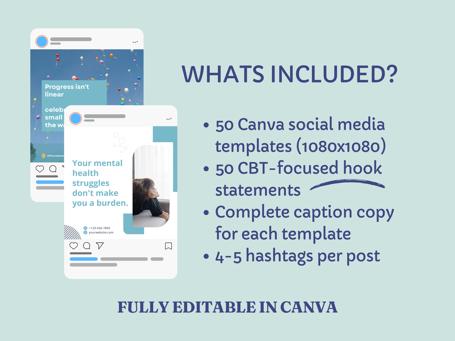 CBT Therapist Social Media Templates | 50 Mental Health Instagram Posts | Canva Templates for Psychologists | Therapy Practice Marketing