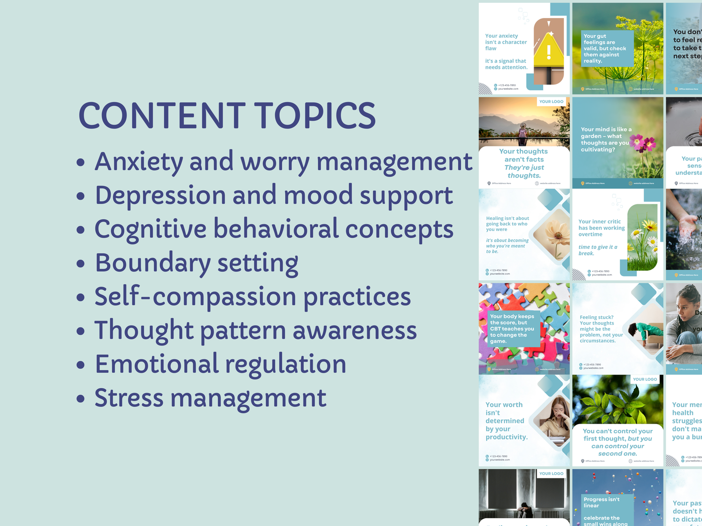CBT Therapist Social Media Templates | 50 Mental Health Instagram Posts | Canva Templates for Psychologists | Therapy Practice Marketing
